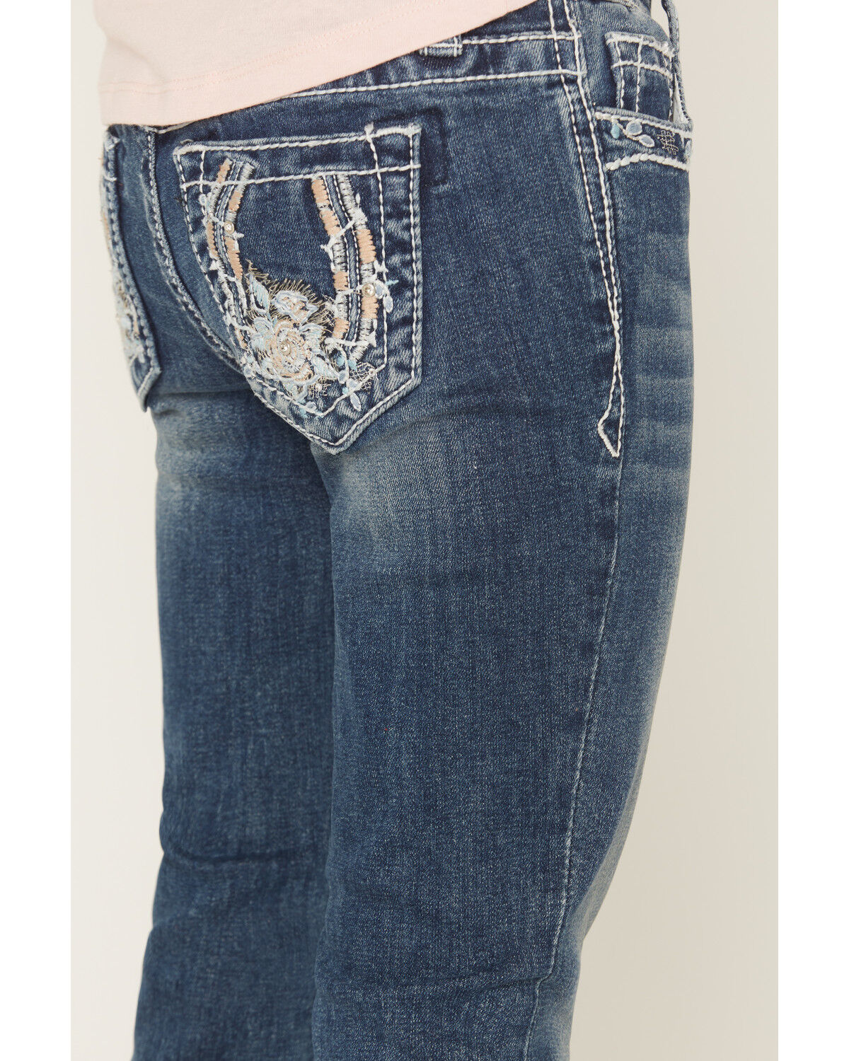 Image #2 - Grace in LA Girls' Dark Wash Floral Horseshoe Pocket Bootcut Stretch Denim Jeans, Dark Wash, hi-res