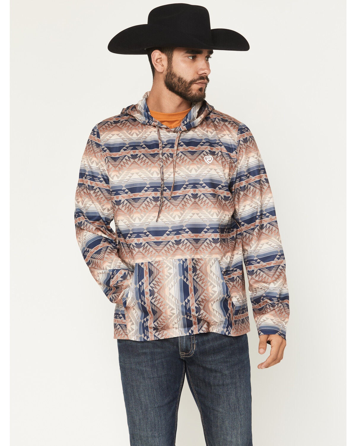 Rock & Roll Denim Men's Southwestern Print Performance Hooded Sweatshirt, Tan, hi-res
