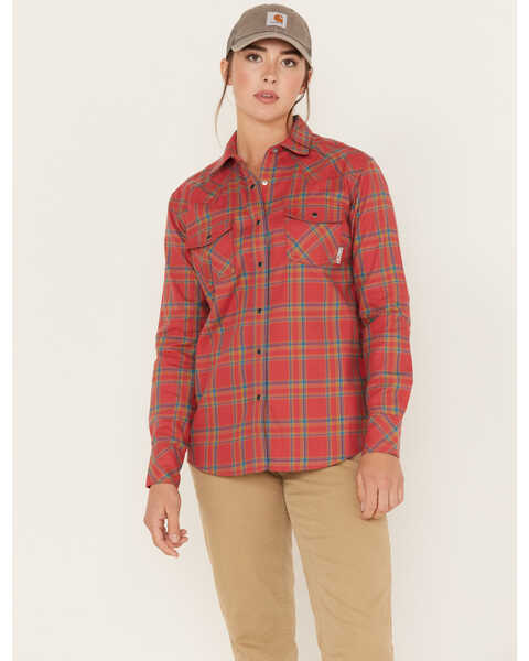 Ariat Women's Fire Resistant Retro Boot Barn Exclusive Long Sleeve Button Down Work Shirt, Red, hi-res
