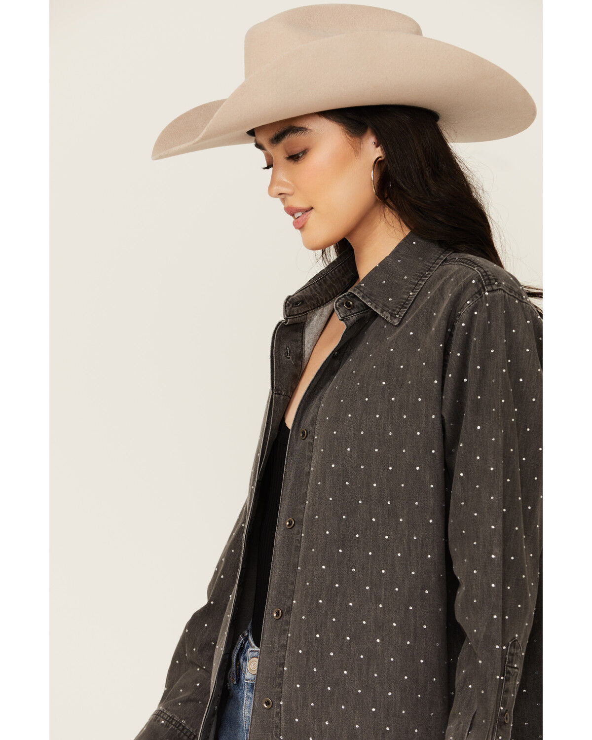 Image #2 - Blue B Women's Solid Rhinestone Long Sleeve Button-Down Shirt, Charcoal, hi-res