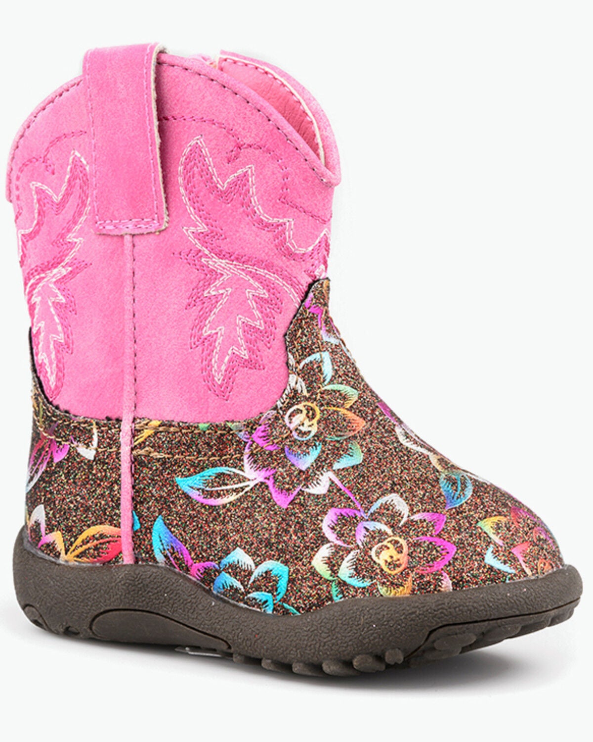 Roper Infant Girls' Cowbabies Glitter Rose Western Boots - Round Toe, Brown, hi-res