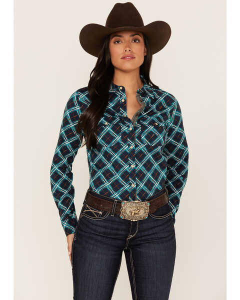 RANK 45® Women's Plaid Print Long Sleeve Stretch Western Riding Shirt, Navy, hi-res