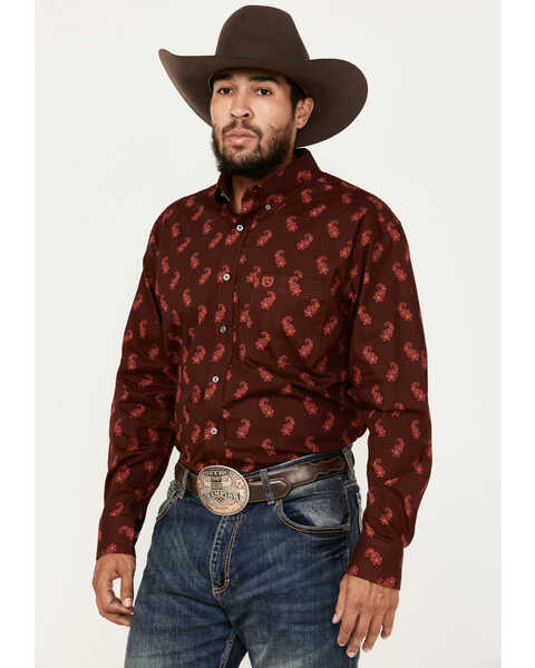 Image #2 - Panhandle Men's Select Paisley Pinstripe Long Sleeve Button-Down Western Shirt, Dark Red, hi-res