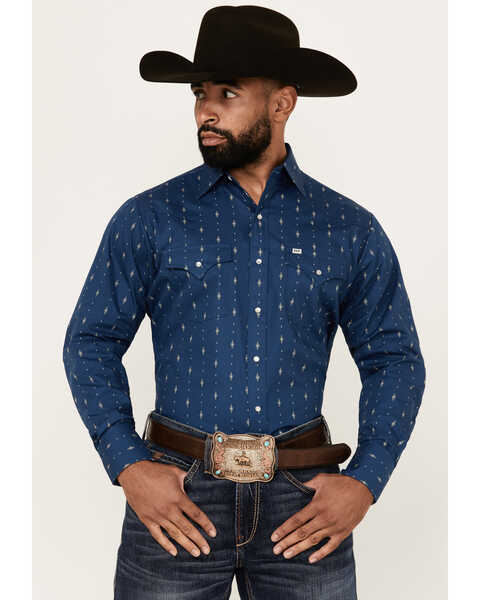 Ely Walker Men's Diamond Southwestern Print Long Sleeve Snap Western Shirt , Navy, hi-res