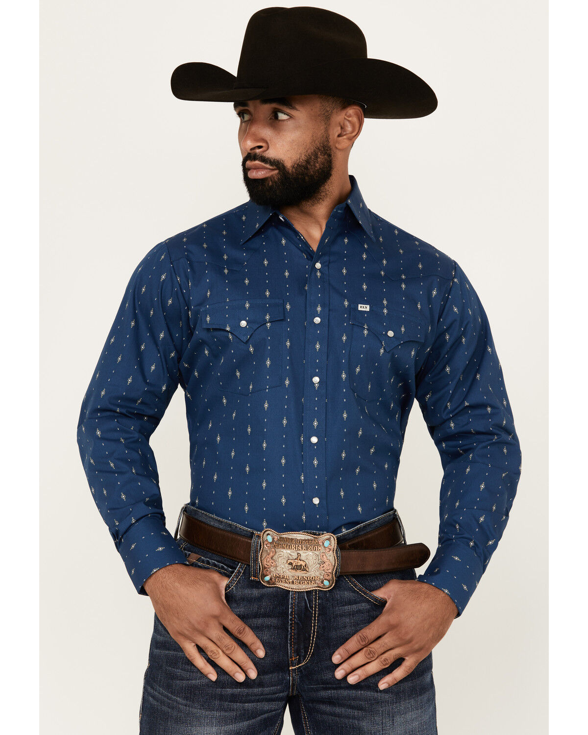 Image #1 - Ely Walker Men's Diamond Southwestern Print Long Sleeve Snap Western Shirt, Navy, hi-res