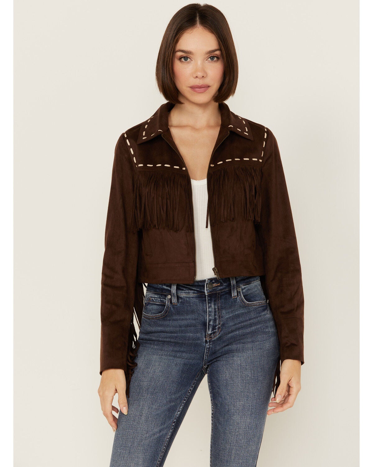 Shyanne Women's Faux Suede Contrast Stitch Fringe Jacket, Dark Brown, hi-res