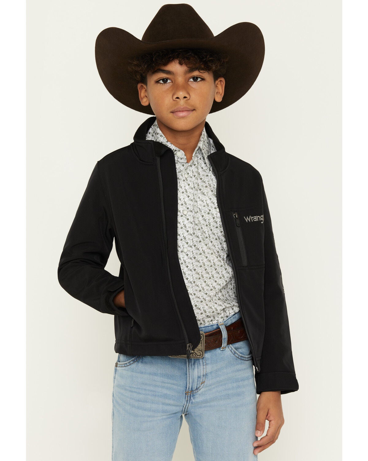 Image #1 - Wrangler Boys' Western Trail Team Logo Zip Jacket, Black, hi-res