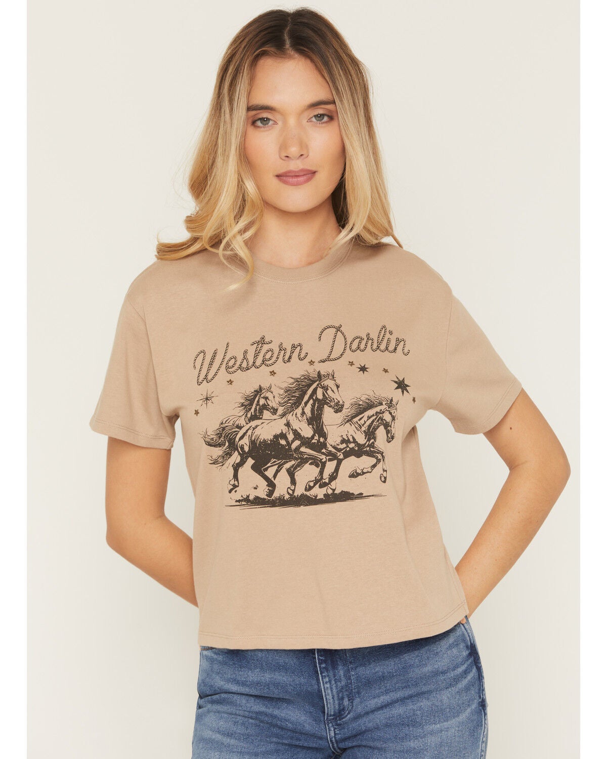 Image #1 - Blended Women's Rope Stitch Horse Short Sleeve Graphic Tee, Tan, hi-res