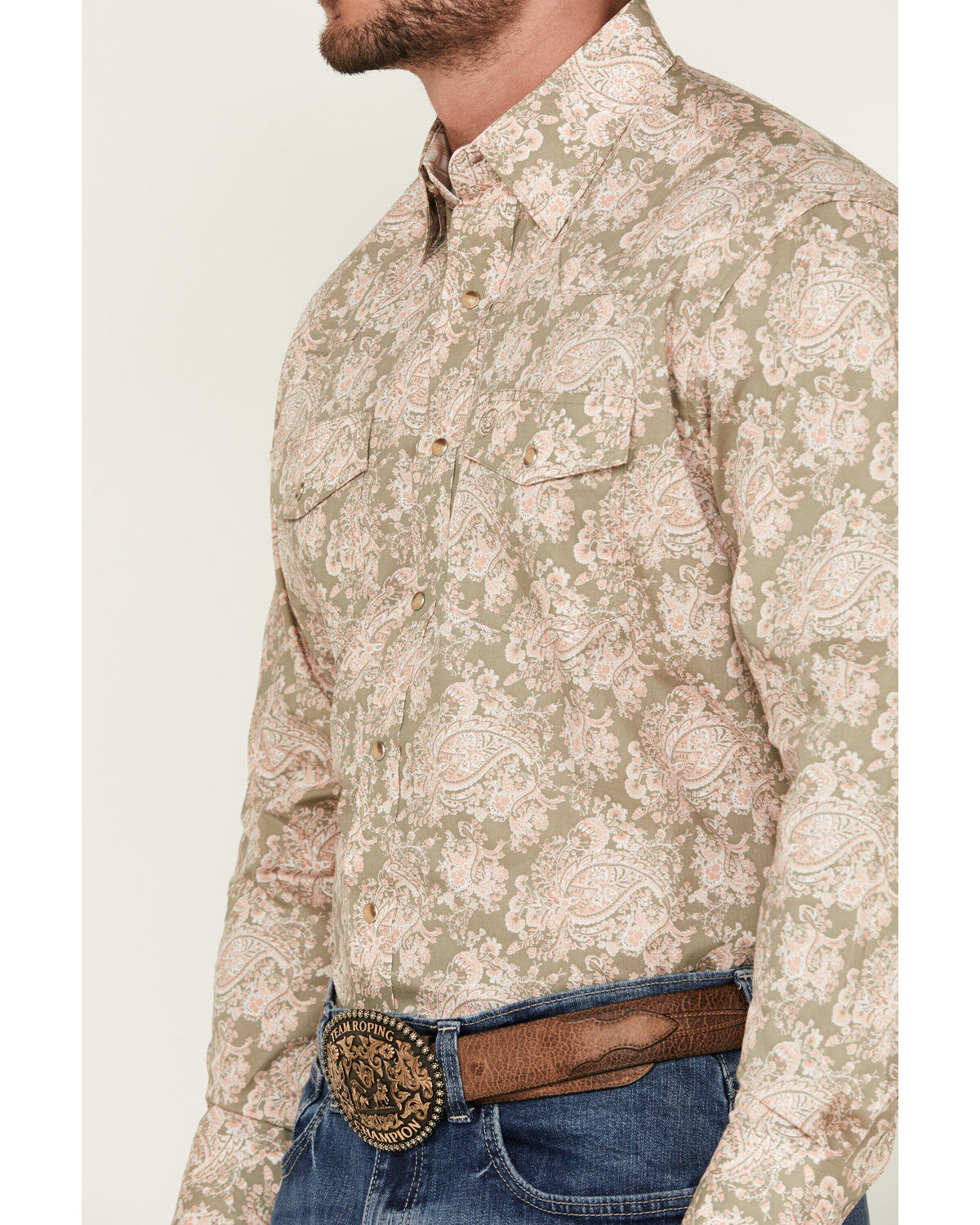 Image #3 - George Strait Wrangler Men's Floral Print Long Sleeve Pearl Snap Stretch Western Shirt, Sage, hi-res