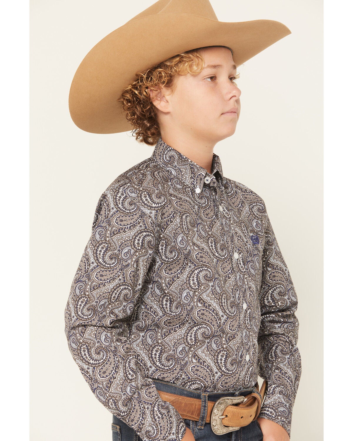 Image #2 - Cinch Boys' Paisley Print Long Sleeve Button-Down Western Shirt, Grey, hi-res