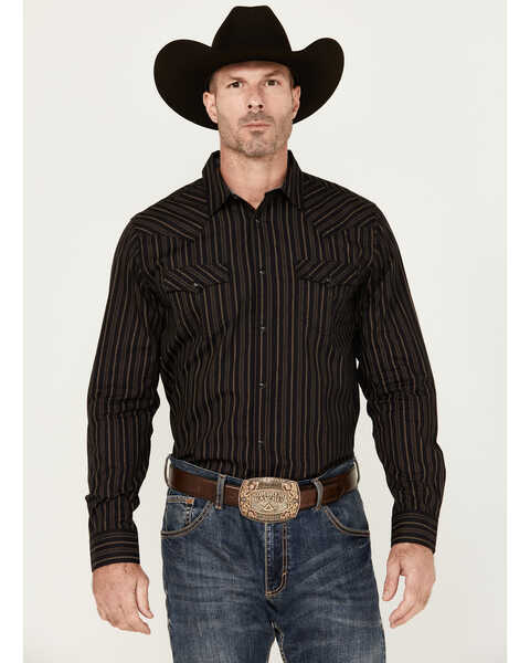 Image #1 - Cody James Men's Wrestler Striped Print Long Sleeve Snap Western Shirt, Black, hi-res
