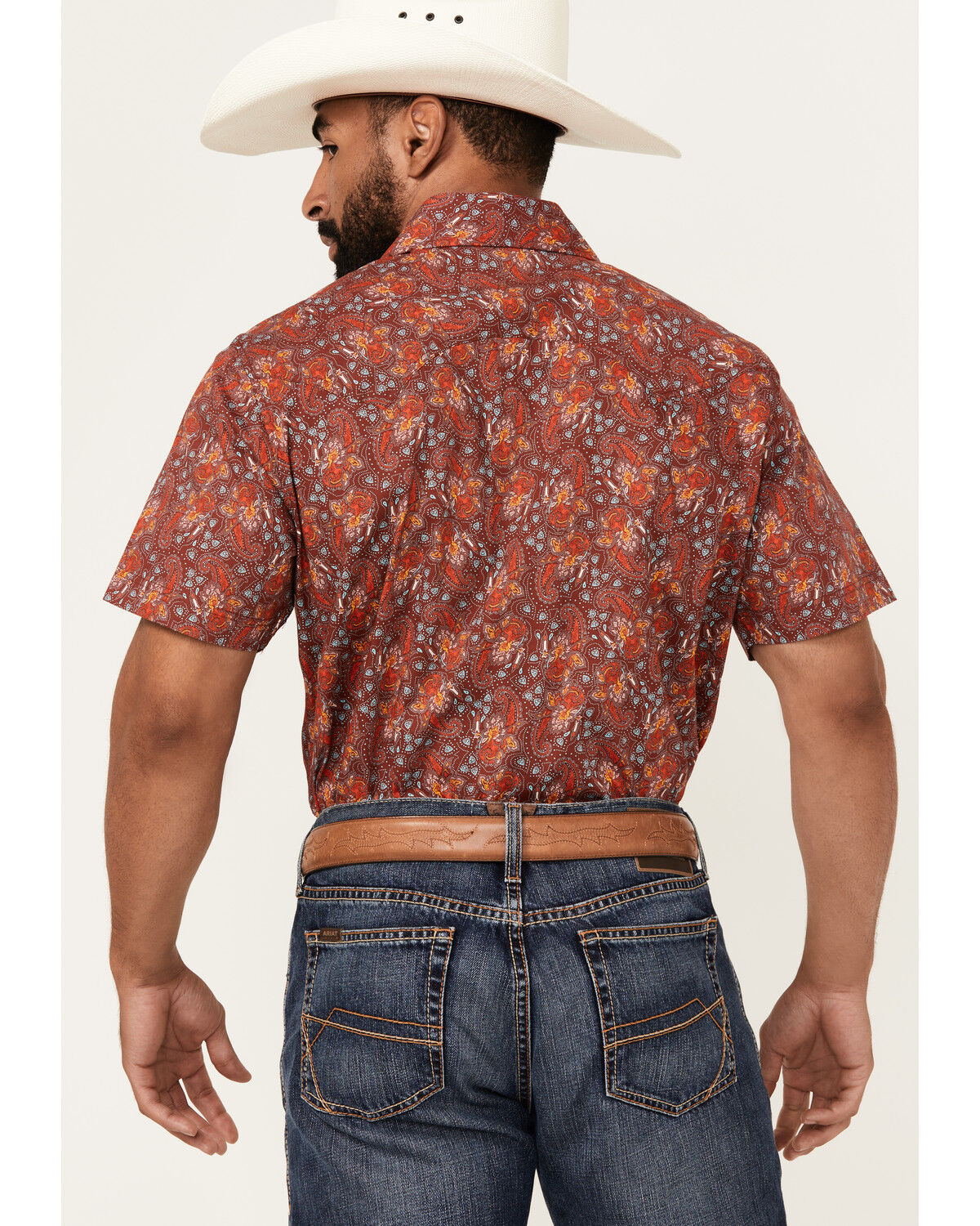 Image #4 - Rock & Roll Denim Men's Paisley Print Short Sleeve Snap Stretch Western Shirt, Dark Orange, hi-res