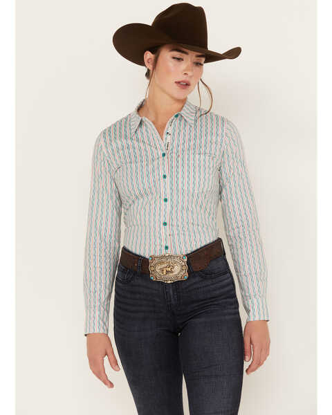RANK 45 Women's Long Sleeve Button-Down Striped Poplin Western Riding Shirt, Ivory, hi-res