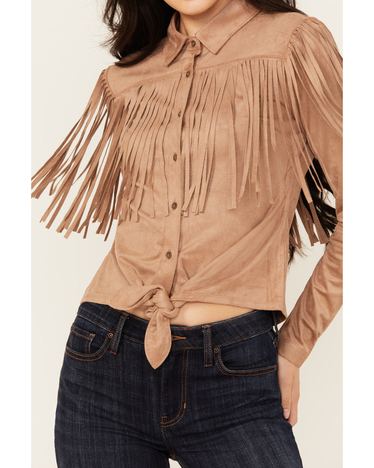 Image #3 - Idyllwind Women's Fate Faux Suede Fringe Long Sleeve Button-Down Tie-Front Shirt, Tan, hi-res