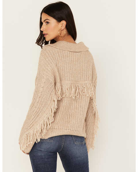 Image #4 - Revel Women's Cable Knit Collared Fringe Sweater, Oatmeal, hi-res