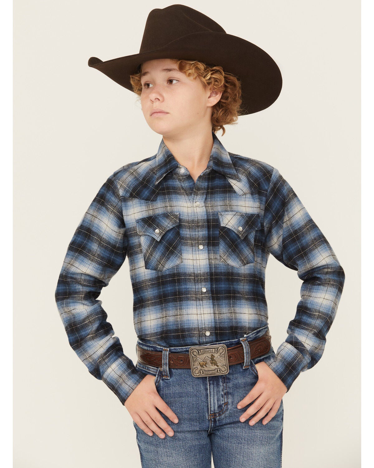Ely Walker Boy's Plaid Print Long Sleeve Snap Flannel Shirt, Blue, hi-res
