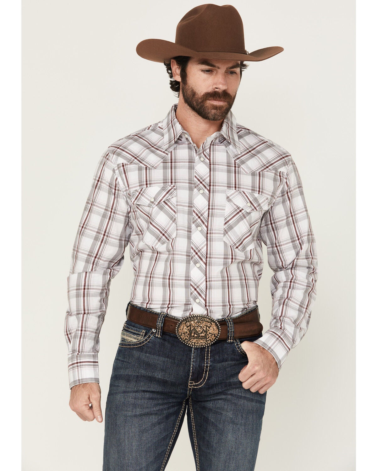 Image #1 - Wrangler Men's 20X Plaid Print Long Sleeve Snap Stretch Western Shirt, White, hi-res