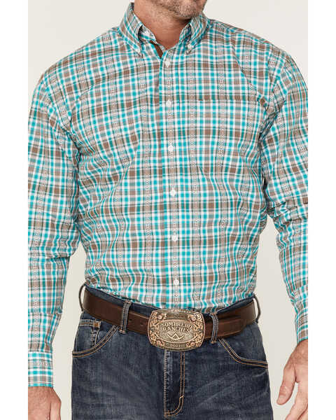 Image #3 - Rough Stock by Panhandle Men's Dobby Small Plaid Print Long Sleeve Button Down Western Shirt , Turquoise, hi-res