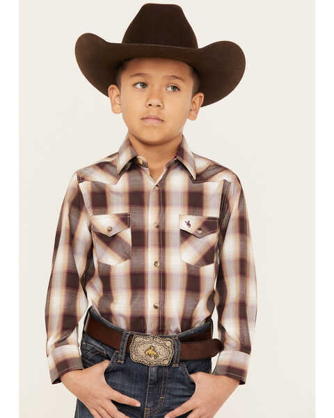 Avalon Boys' Plaid Print Long Sleeve Snap Western Shirt, Brown, hi-res