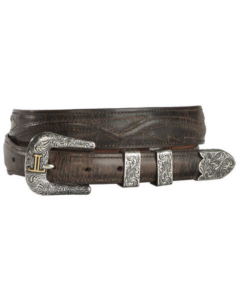 Image #1 - Lucchese Men's Brown Burnished Goat Seville Stitch Leather Belt, Chocolate, hi-res