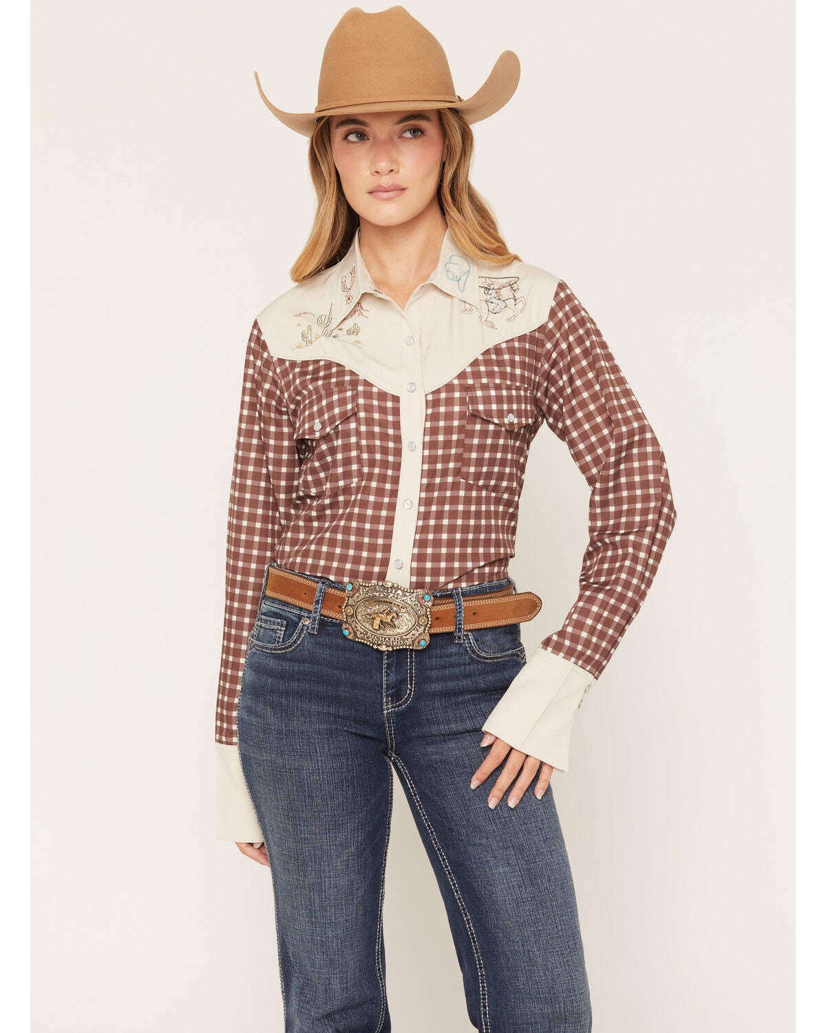 Image #1 - Howdy Hanny Women's Gingham Western Embroidered Long Sleeve Pearl Snap Western Shirt, Brown, hi-res
