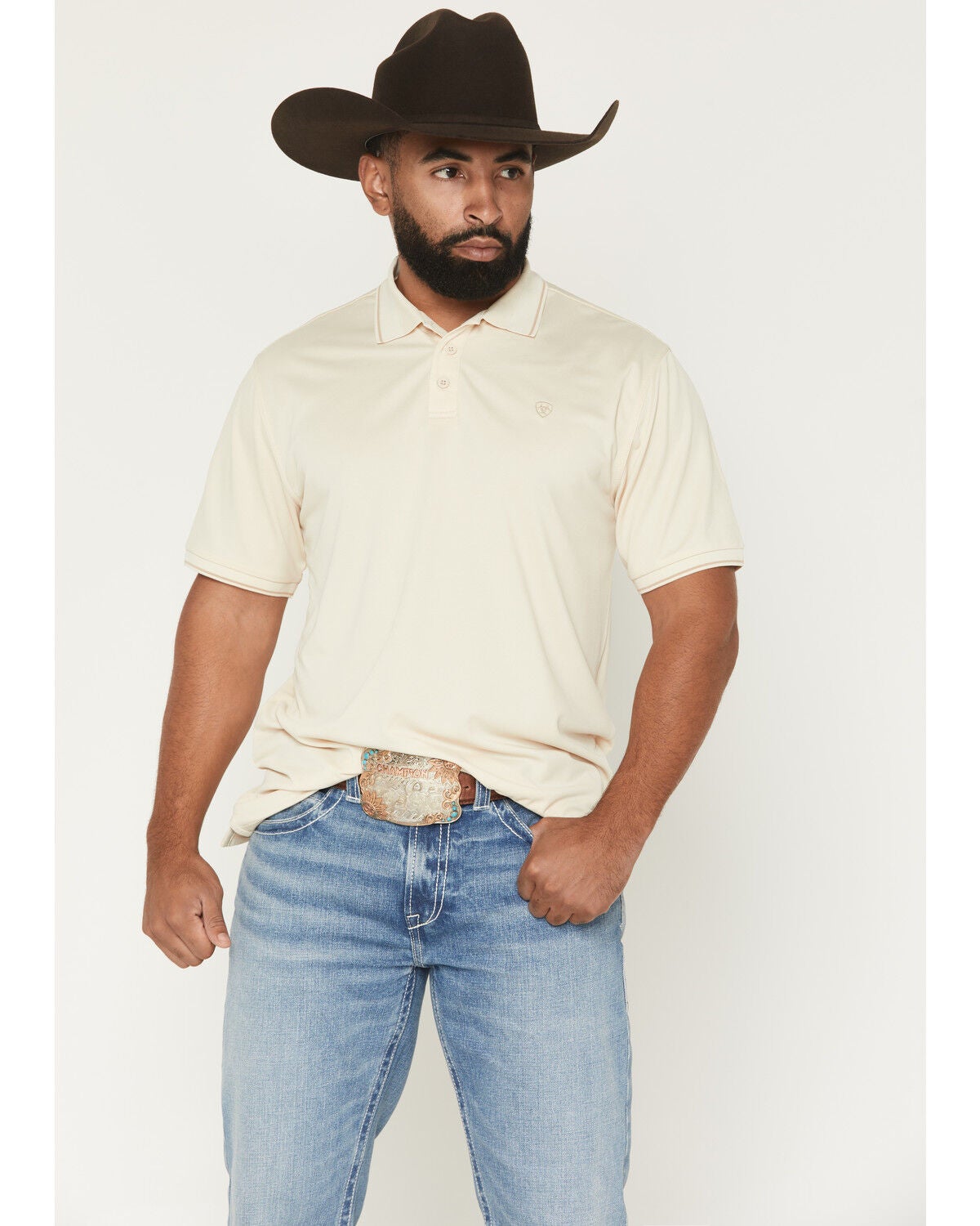 Ariat Men's Fitted Logo Short Sleeve Polo, Cream, hi-res