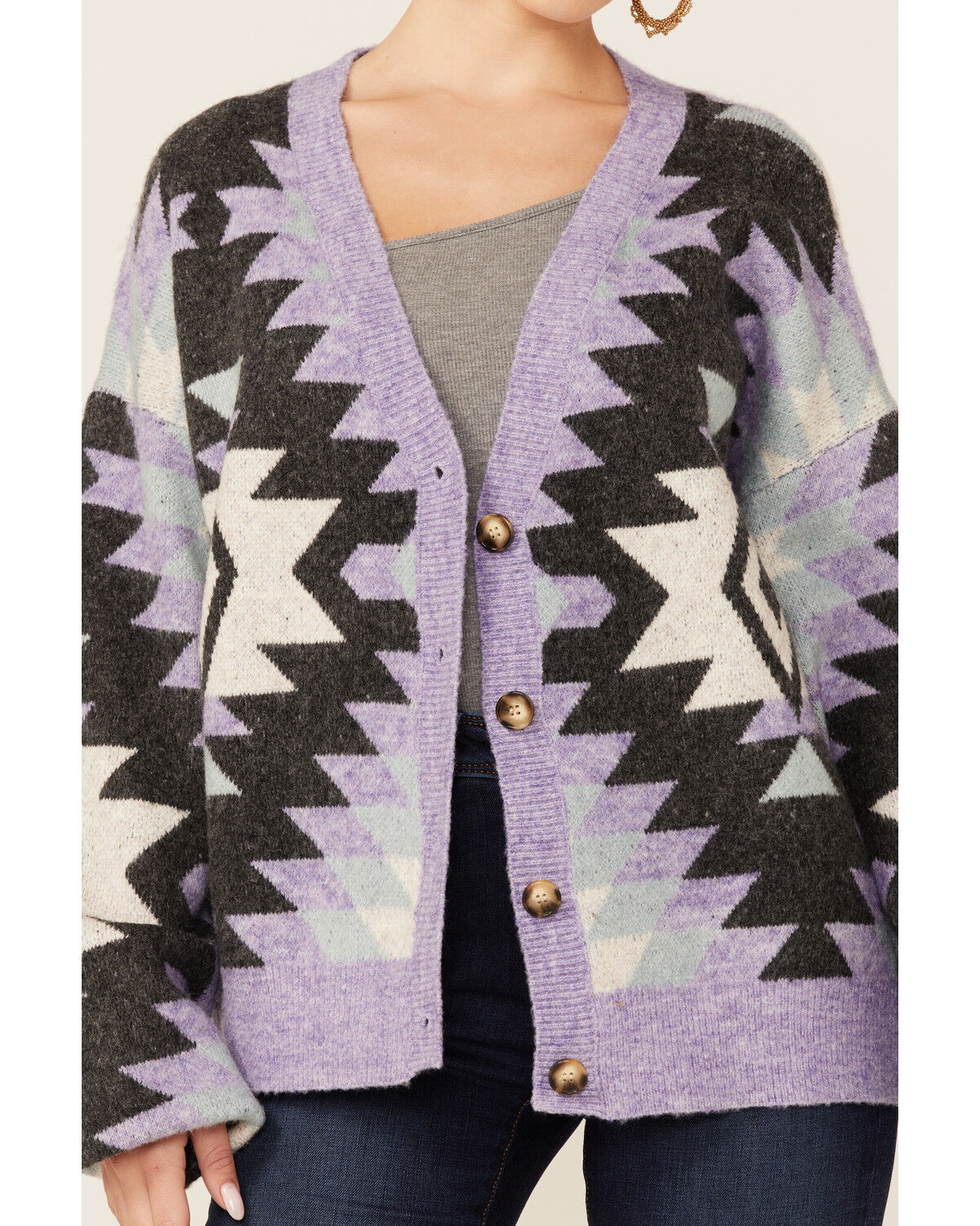 Image #2 - HyFve Women's Long Sleeve Lavender Geometric Print Button Down Cardigan , , hi-res