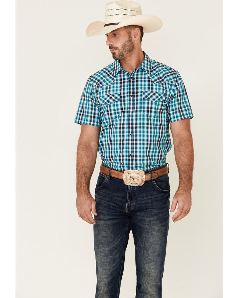 Gibson Men's Montage Plaid Short Sleeve Snap Western Shirt , Blue, hi-res