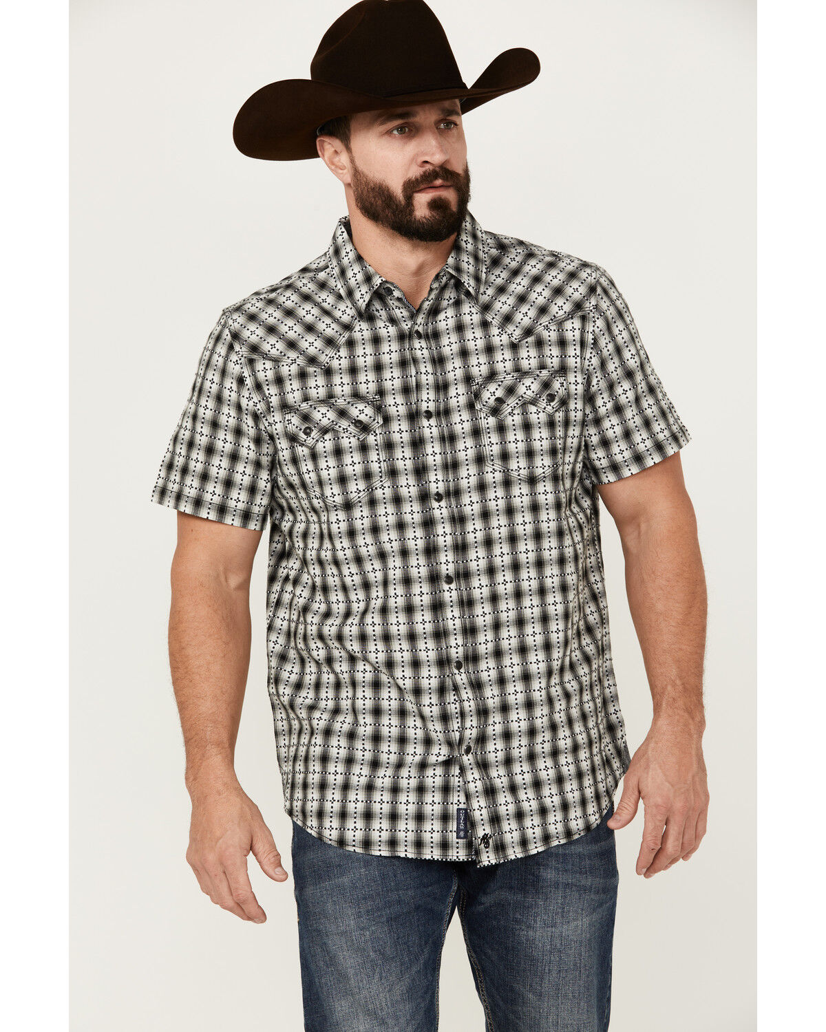 Image #1 - Moonshine Spirit Men's Classic Plaid Print Short Sleeve Snap Western Shirt, Black, hi-res