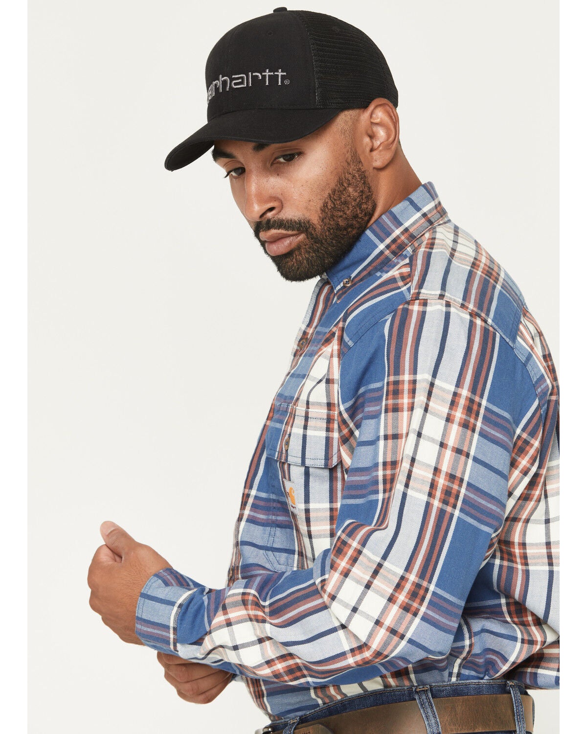 Image #2 - Carhartt Men's FR Force&reg; Loose Fit Twill Plaid Print Long Sleeve Button-Down Work Shirt, Dark Blue, hi-res