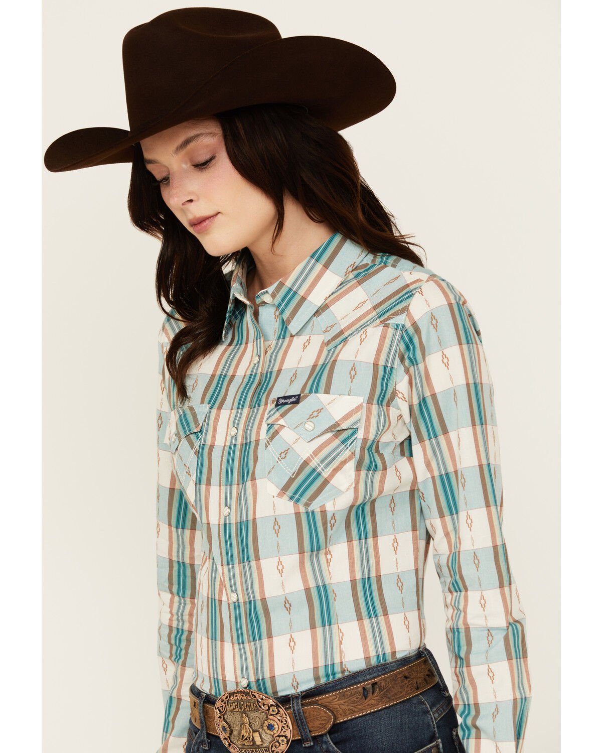Image #2 - Wrangler Retro Women's Plaid Print Long Sleeve Snap Western Shirt, Teal, hi-res