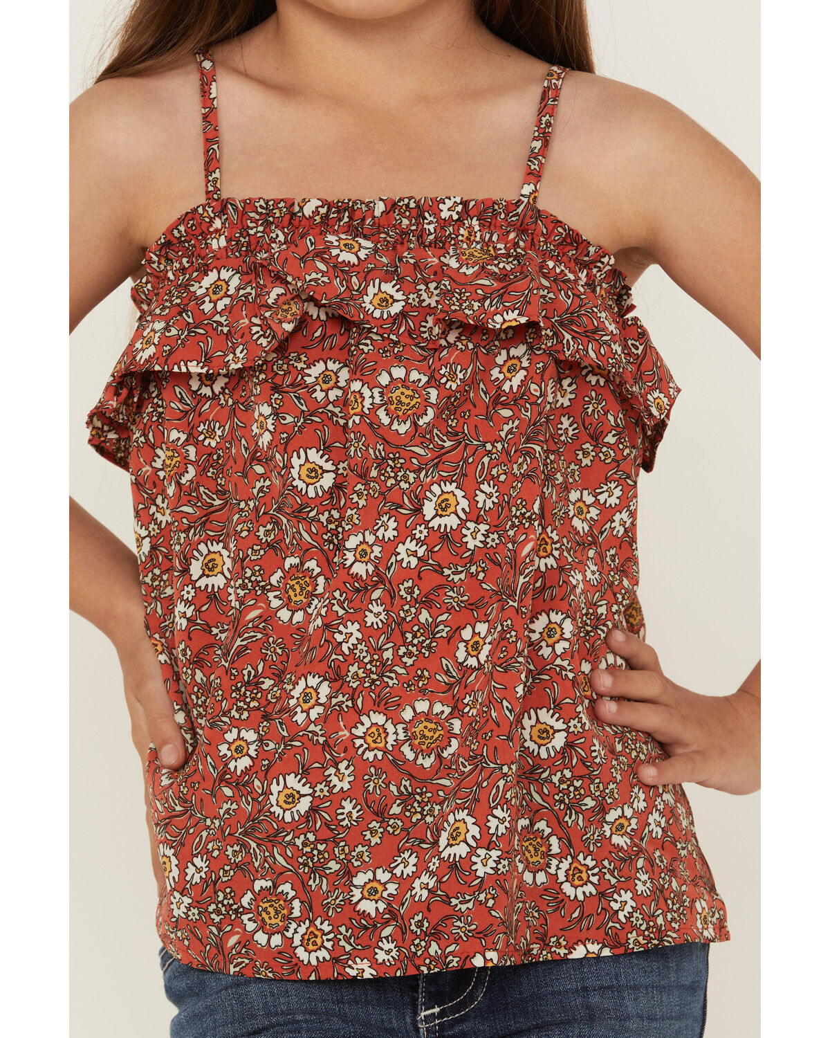 Image #3 - Hayden Girls' Floral Print Coral Ruffle Top, Coral, hi-res