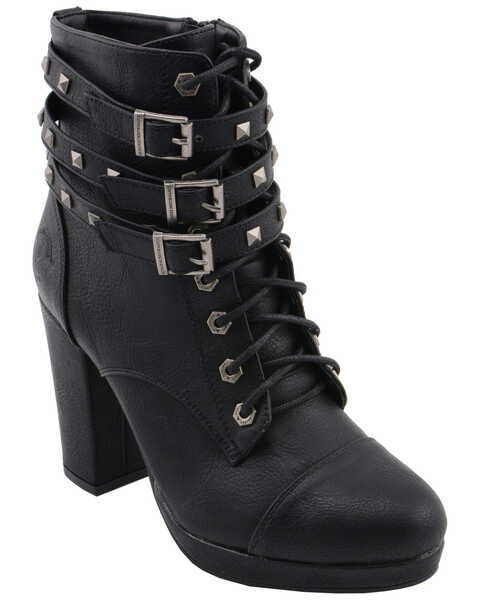 Milwaukee Leather Women's Studded Buckle Strap Laced Boots - Round Toe, Black, hi-res