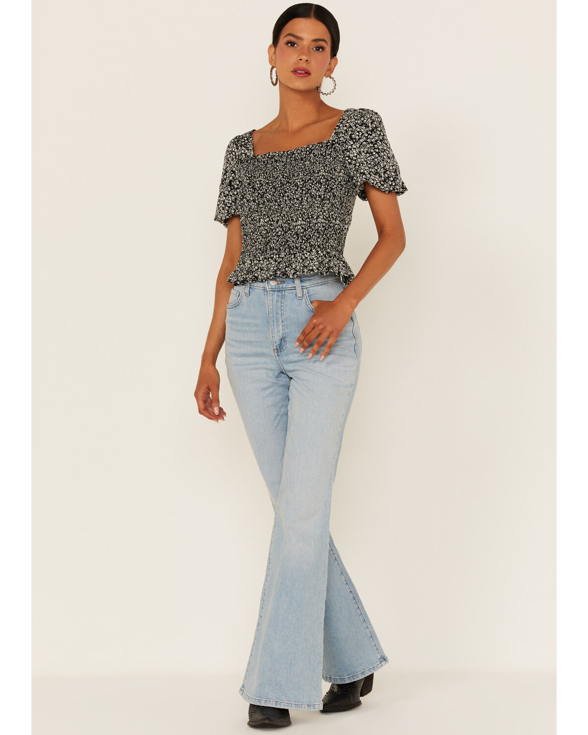 Image #2 - Beyond The Radar Women's Ditsy Floral Print Smocked Shirt, Black, hi-res