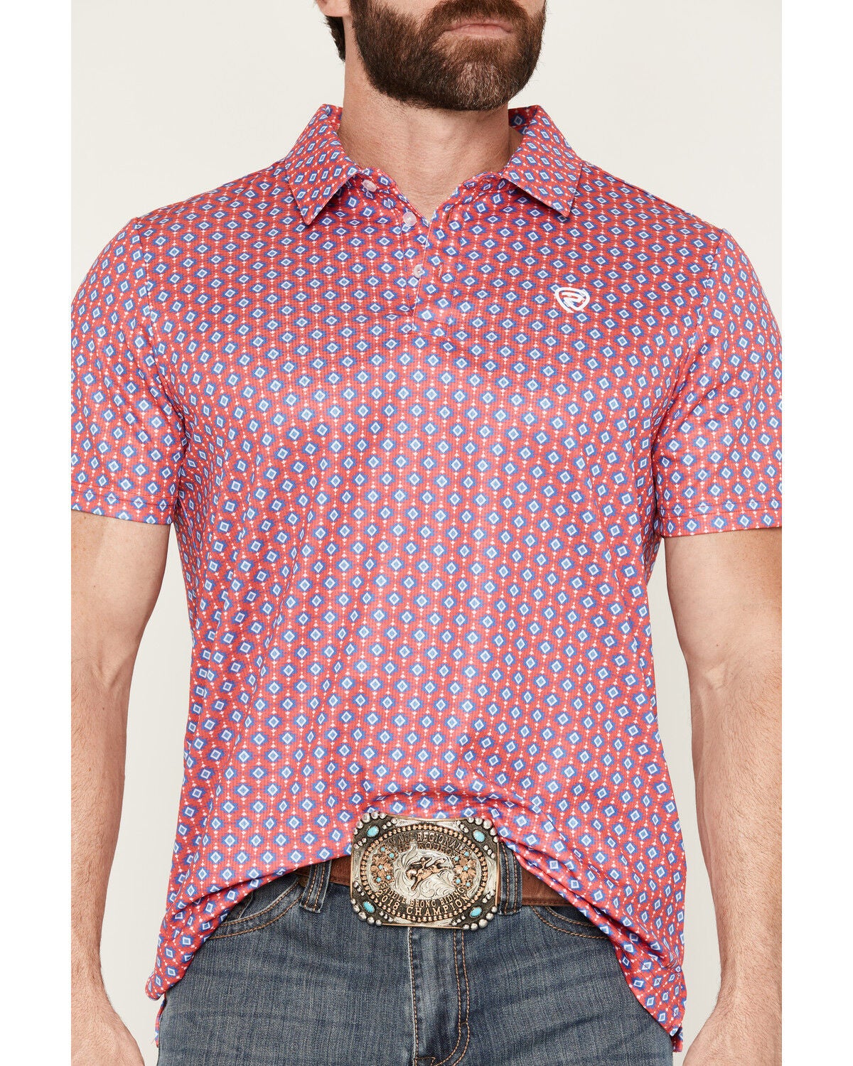 Image #3 - Rock & Roll Denim Men's Southwestern Print Short Sleeve Button-Down Polo, Hot Pink, hi-res