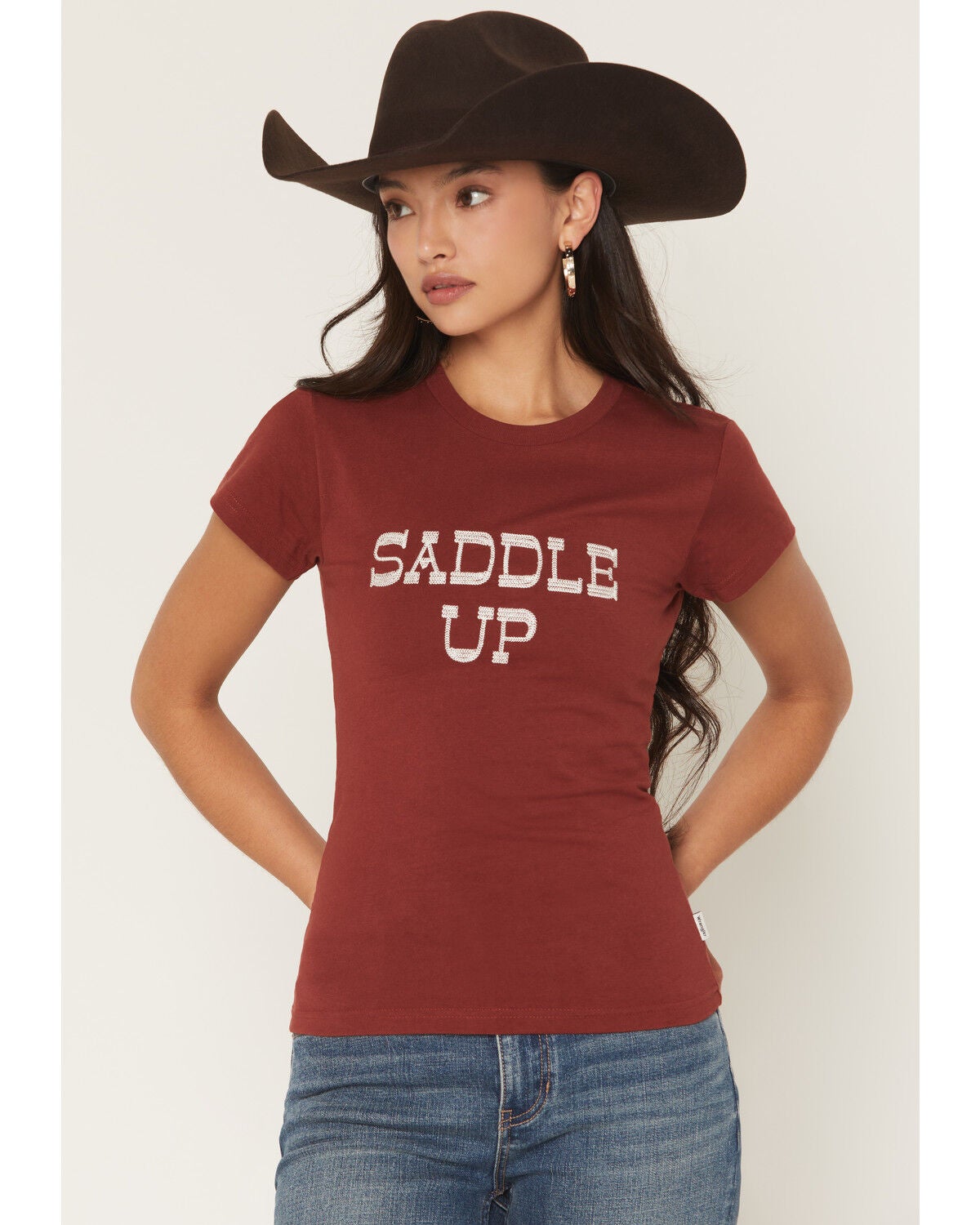 Image #1 - Wrangler Women's Saddle Up Short Sleeve Embroidered Tee, Rust Copper, hi-res