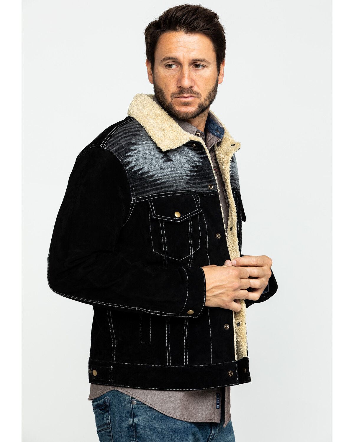 Image #3 - Scully Men's Boar Suede Southwestern Yolk Jean Jacket, Black, hi-res