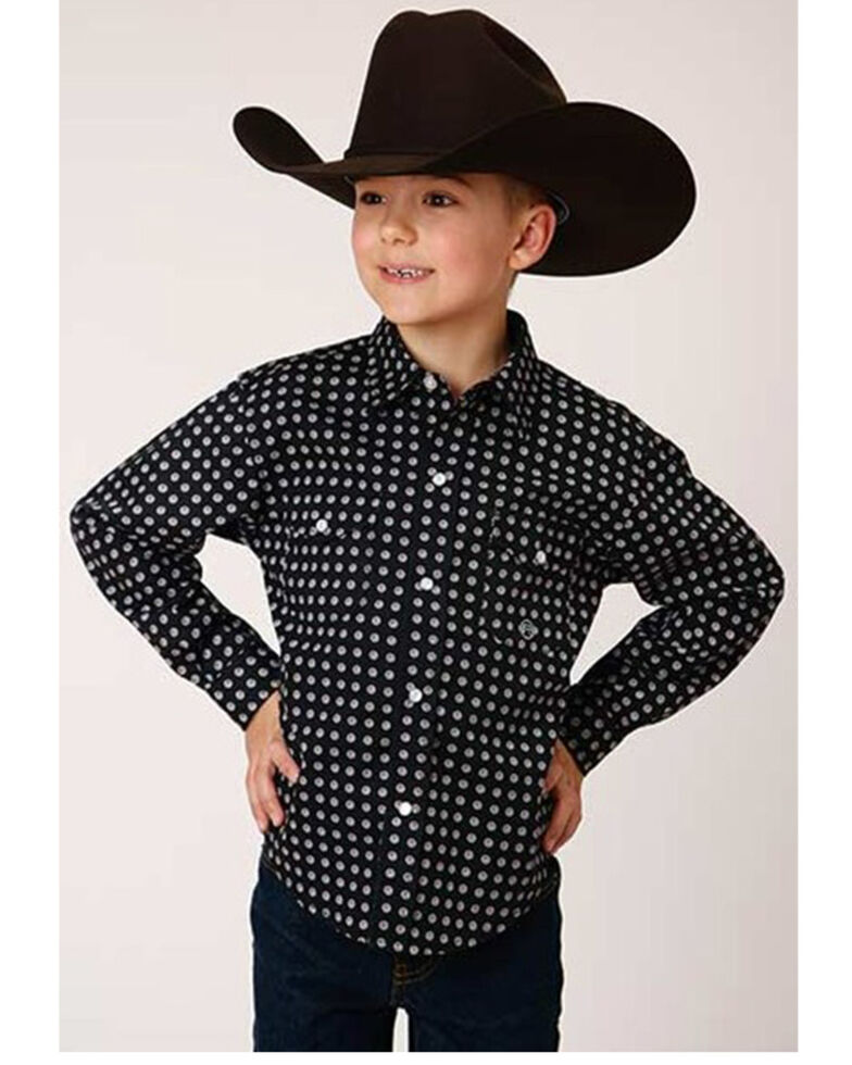 Roper Boys' Amarillo Geo Print Long Sleeve Western Snap Shirt, Black, hi-res