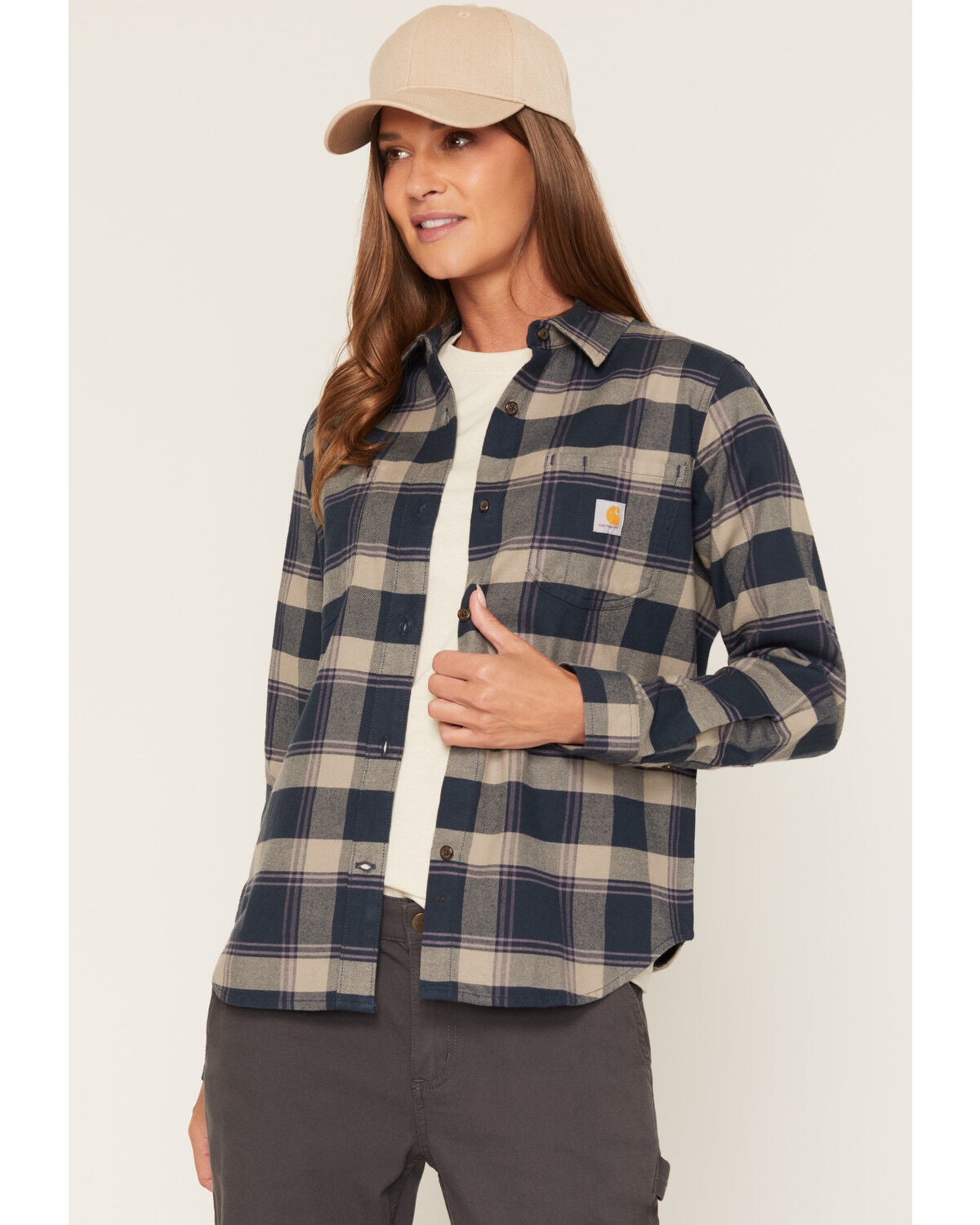 Carhartt Women's Rugged Flex Hamilton Plaid Print Relaxed Long Sleeve Button-Down Flannel Shirt, Blue, hi-res