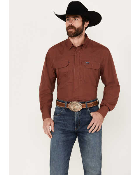 Image #1 - Wrangler Men's Solid Long Sleeve Button-Down Performance Western Shirt, Red, hi-res