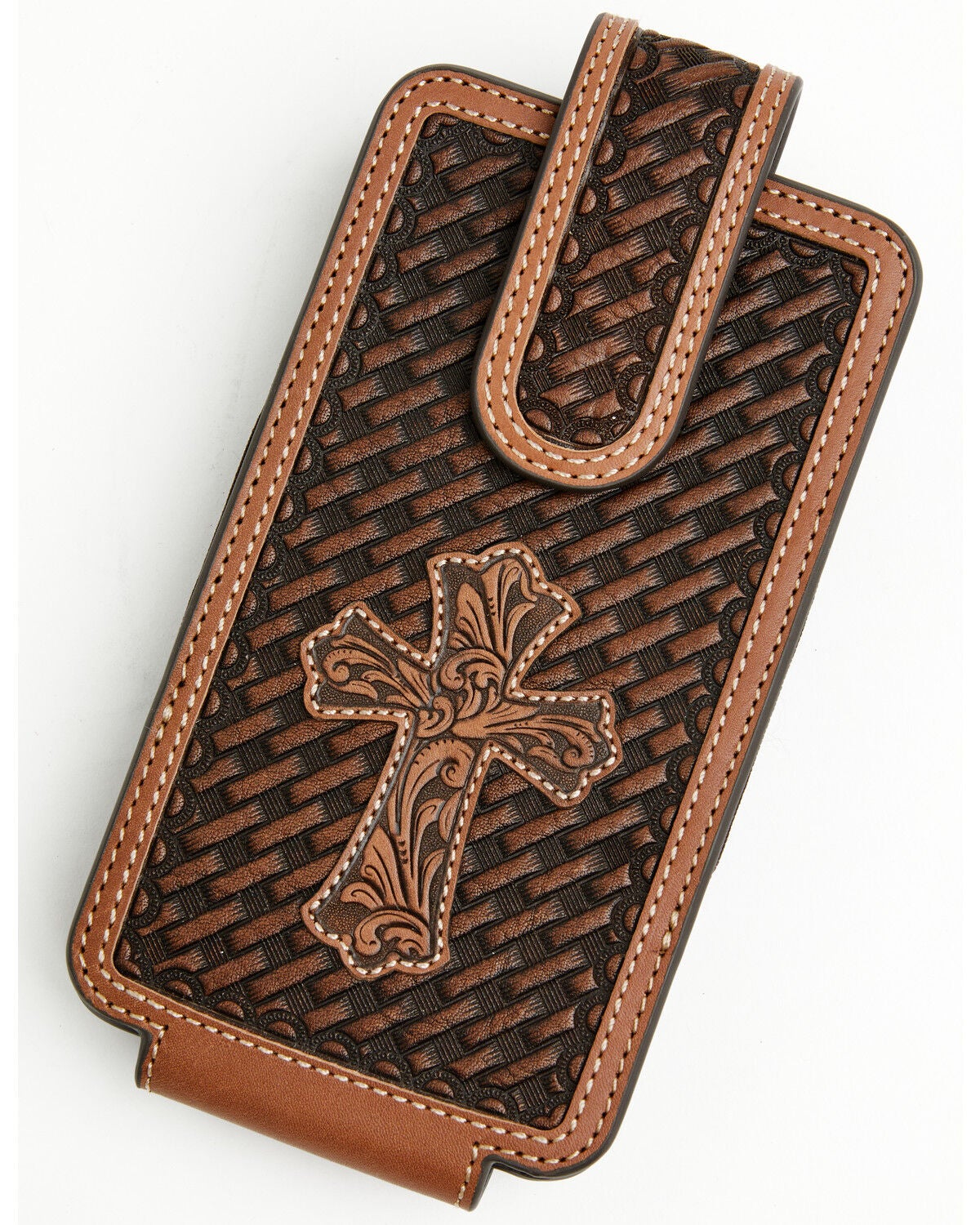 Cody James Men's Wells Basketweave Cross Leather Cell Phone Case, Brown, hi-res