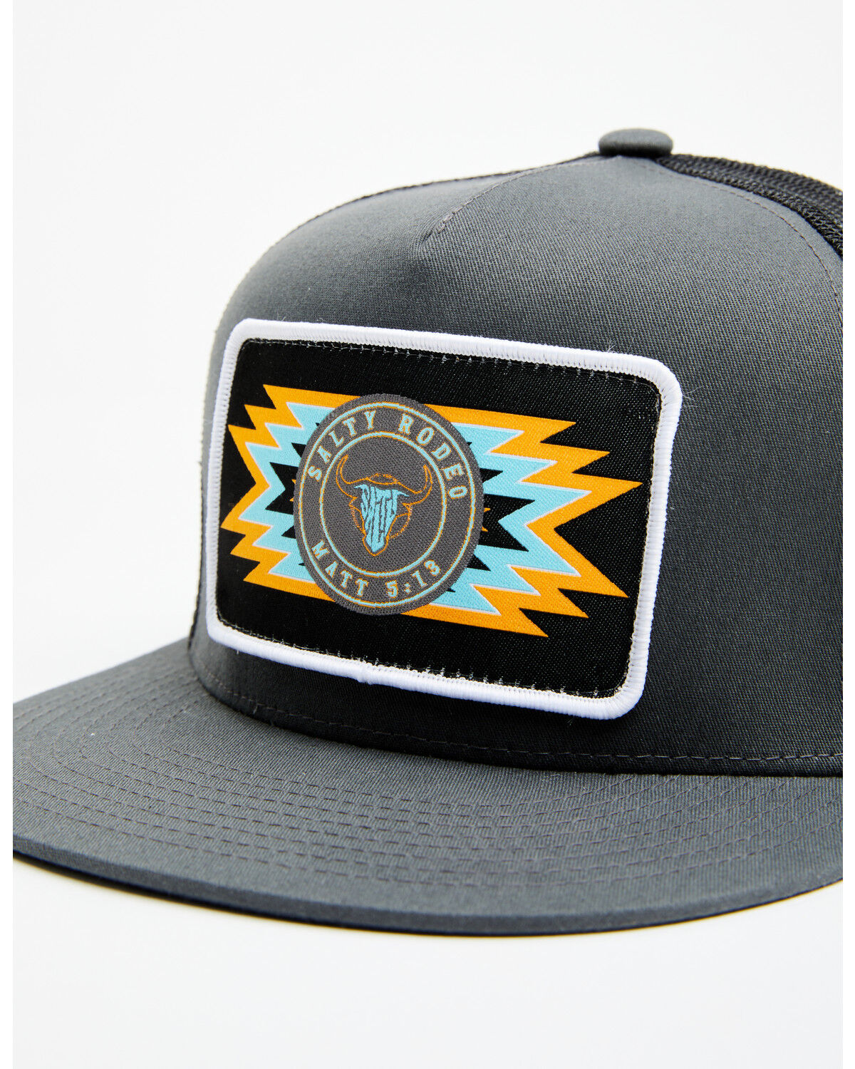 Image #2 - Salty Rodeo Men's Riata Southwestern Patch Trucker Cap, Grey, hi-res
