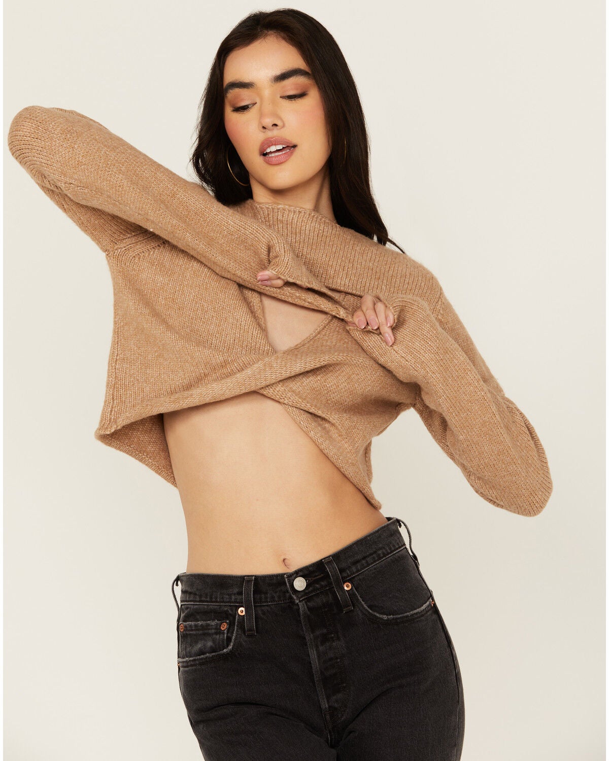 Image #2 - Cleo + Wolf Women's Reversible Cut Out Cropped Sweater, Bark, hi-res