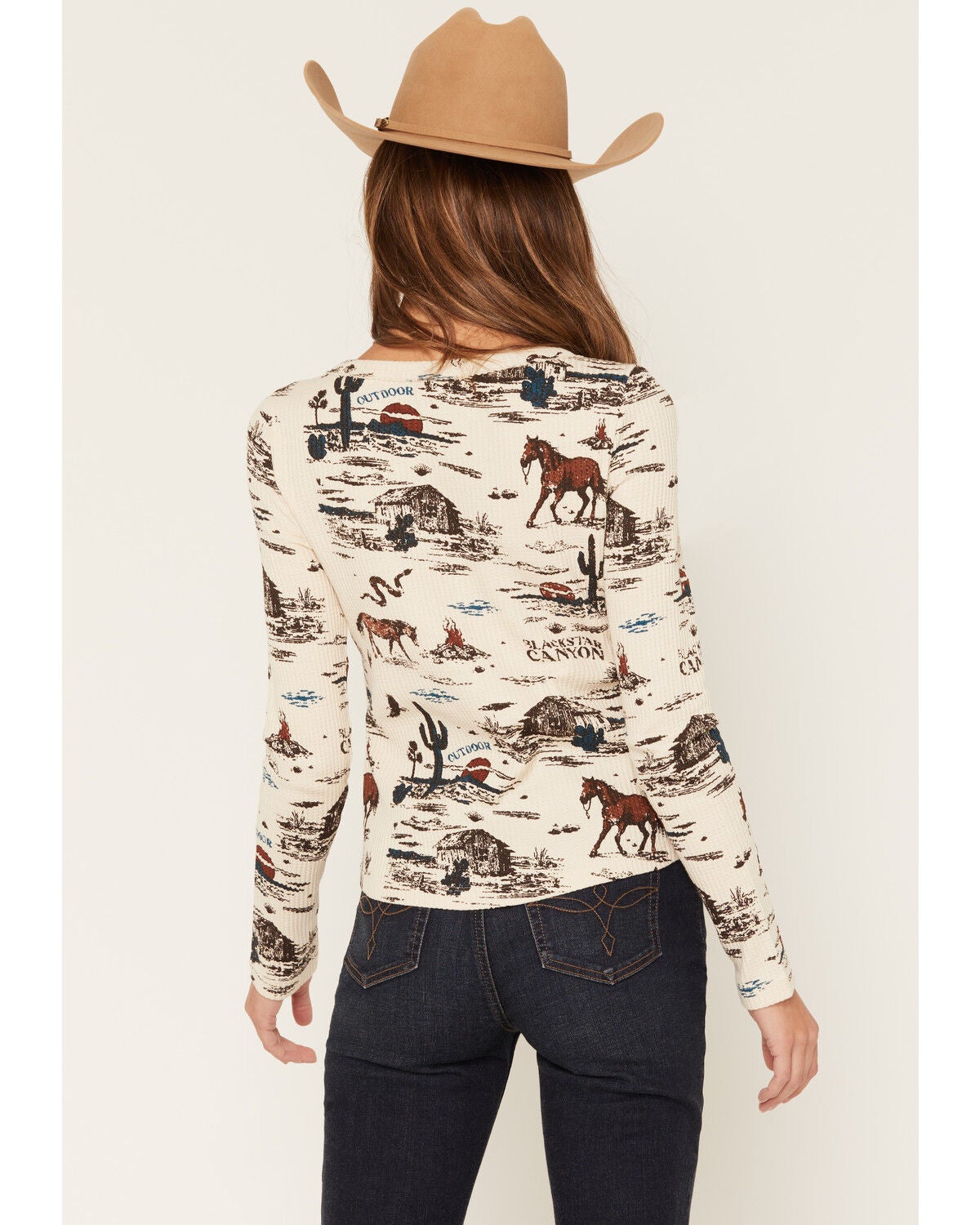 Image #4 - Shyanne Women's Hillsdale Printed Long Sleeve Henley Thermal Top, Natural, hi-res