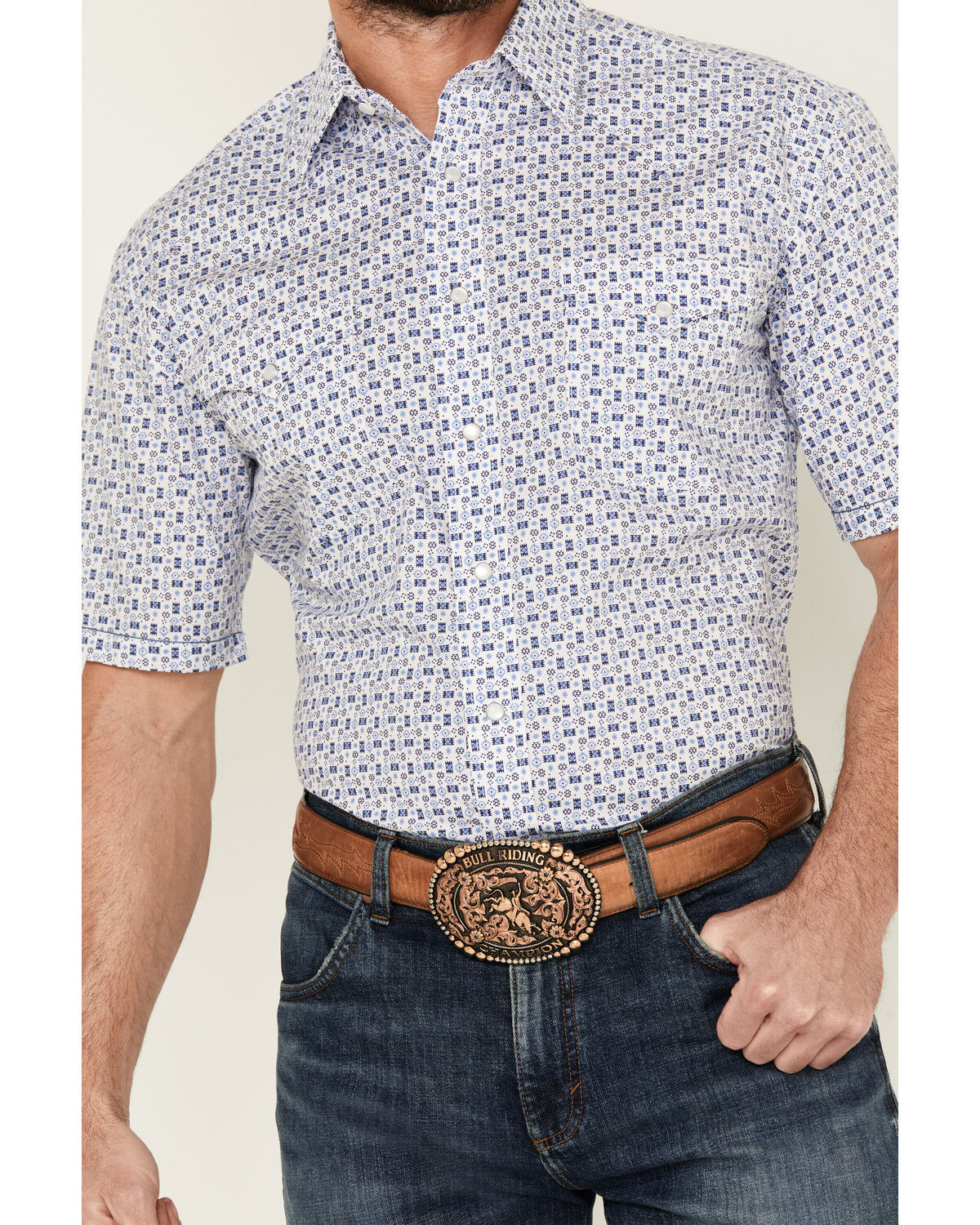 Image #3 - Panhandle Men's Southwestern Print Short Sleeve Pearl Snap Stretch Western Shirt, Blue, hi-res