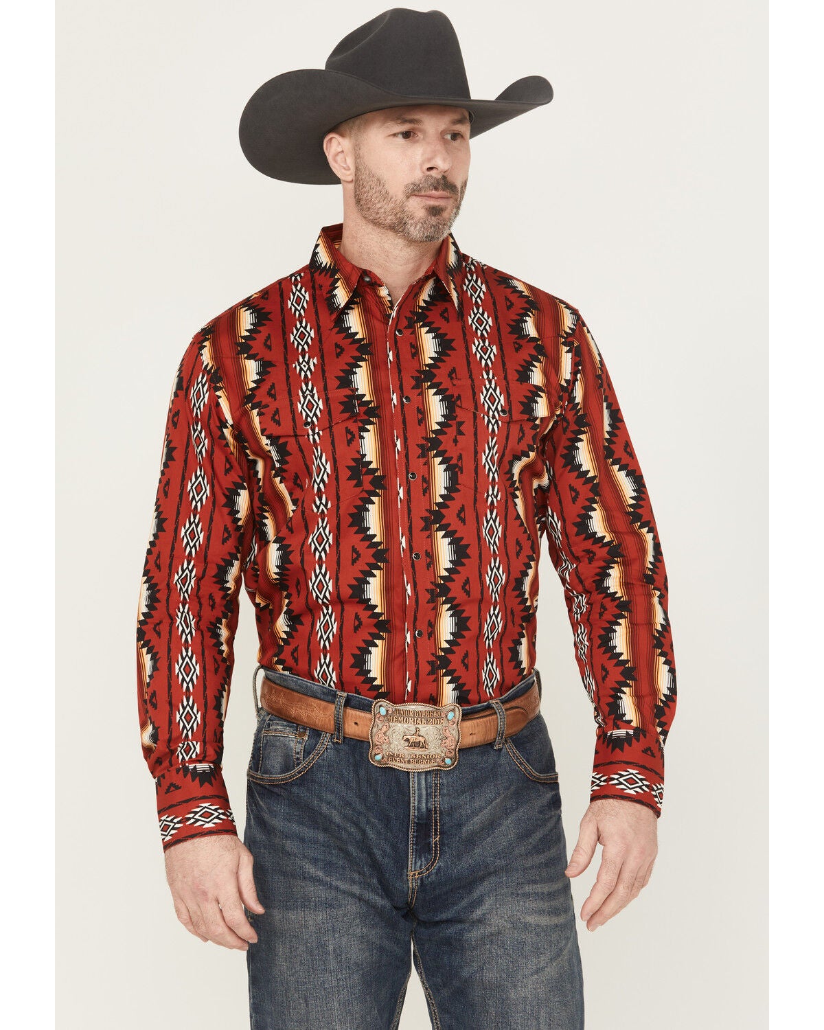 Wrangler Men's Checotah Southwestern Striped Print Long Sleeve Snap Western Shirt, Red, hi-res