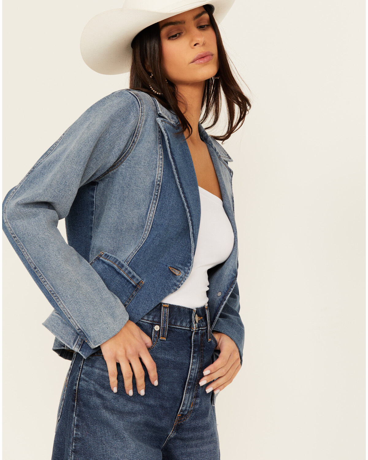 Image #2 - Shyanne Women's Oasis Medium Wash Denim Blocked Comfort Stretch Blazer, Medium Wash, hi-res