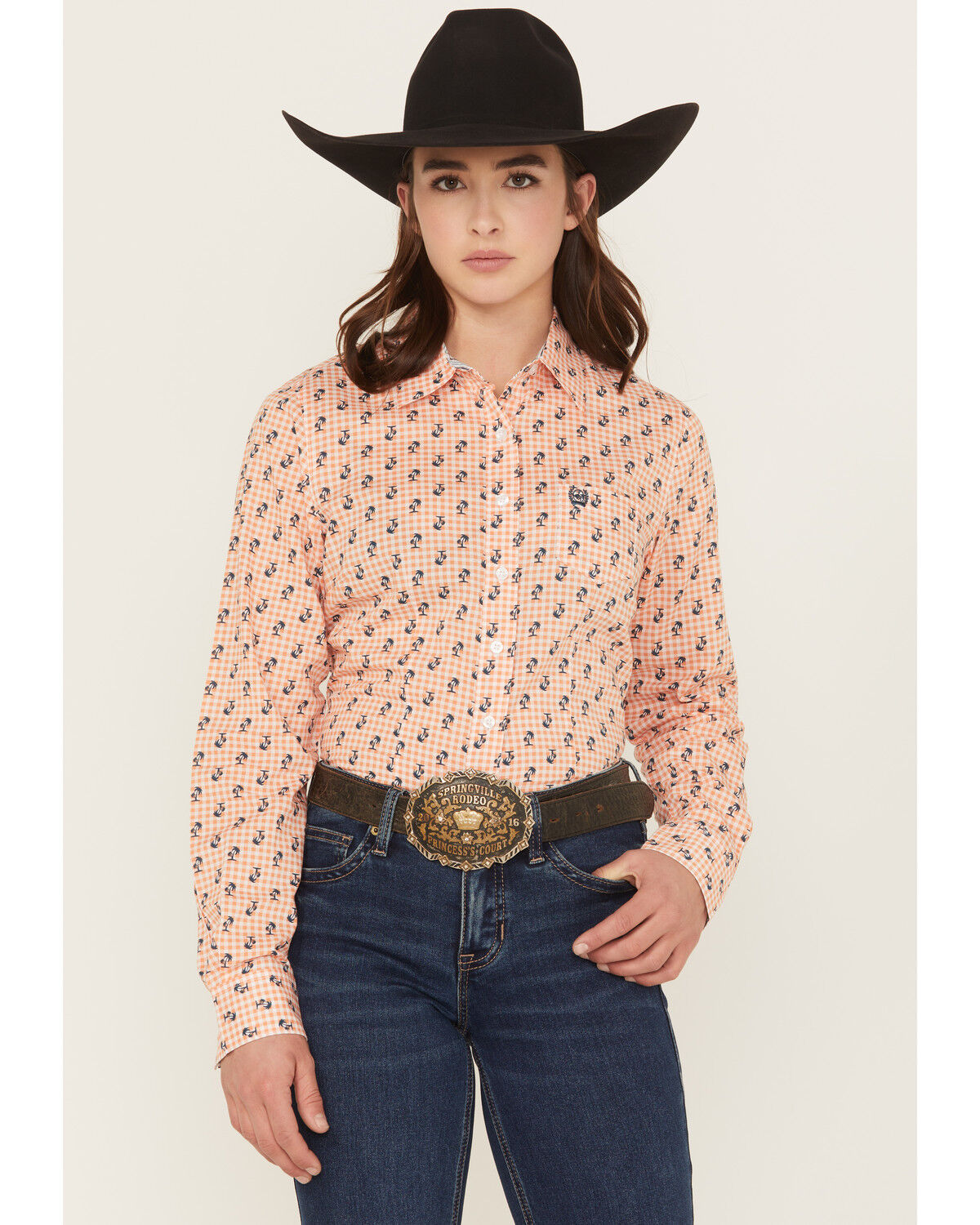 Image #1 - Cinch Women's Plaid Print Palm Tree Long Sleeve Button-Down Stretch Western Shirt, Orange, hi-res