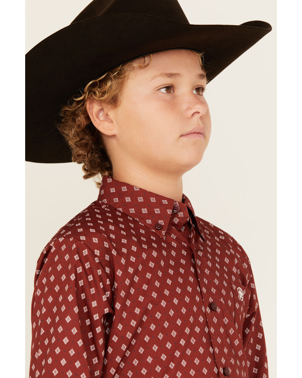 Image #2 - Ariat Boys' Classic Geo Print Long Sleeve Button-Down Western Shirt, Burgundy, hi-res