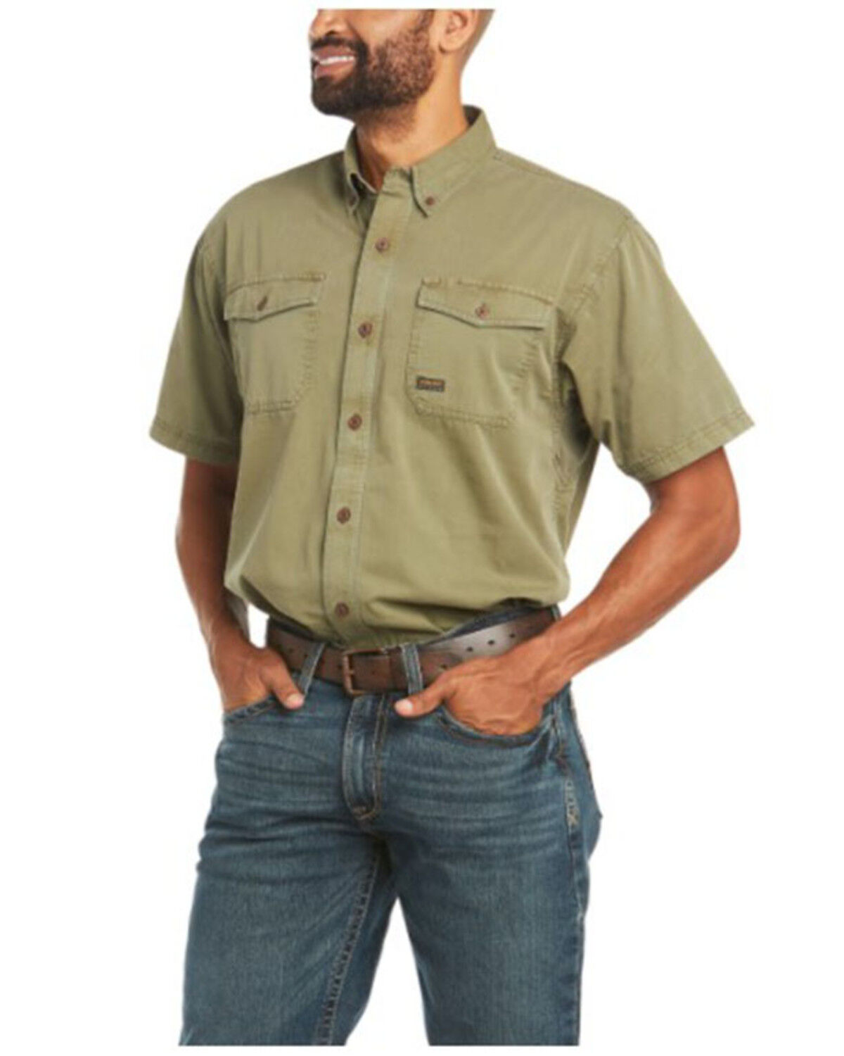 Image #1 - Ariat Men's Rebar Washed Twill Button Down Short Sleeve Work Shirt, Sage, hi-res